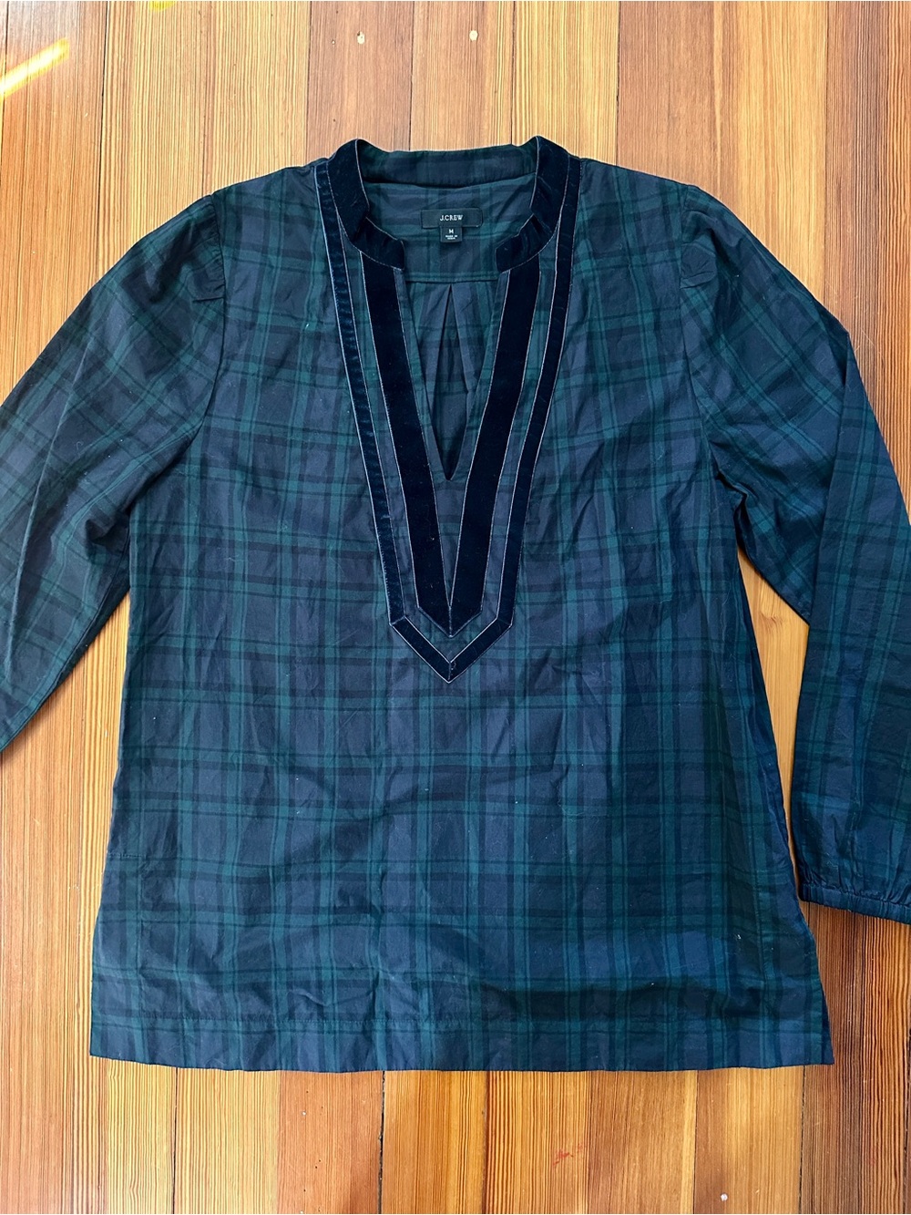 J. Crew Women's Green Plaid Tartan Shirt Tunic with Velvet Trim Size M